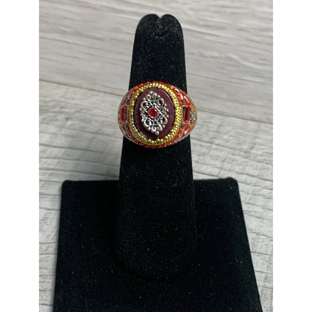 Ornate Red Gold Tone Rhinestone Filigree Cocktail Ring Size 6.25 Boho Statement